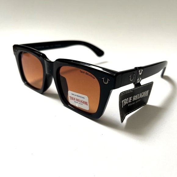 NWT True Religion Square Sunglasses Black Acetate Frame Orange Lens Logo OS - Picture 7 of 7